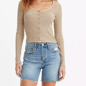 Levi’s Cropped Ribbed Long Sleeve Top Button Down Snap Front